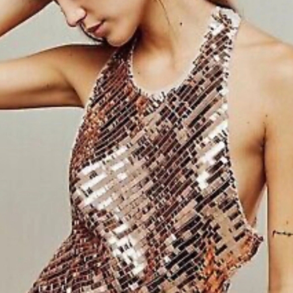 FREE PEOPLE x Intimately Disco Fever SEQUIN Cami Blouse In Rose Gold Top Size XL - Picture 1 of 13